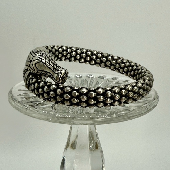 Vintage Silver-Tone Double Alligator Head Bracelet Bead Coil w Rhinestone Eyes - Picture 11 of 17